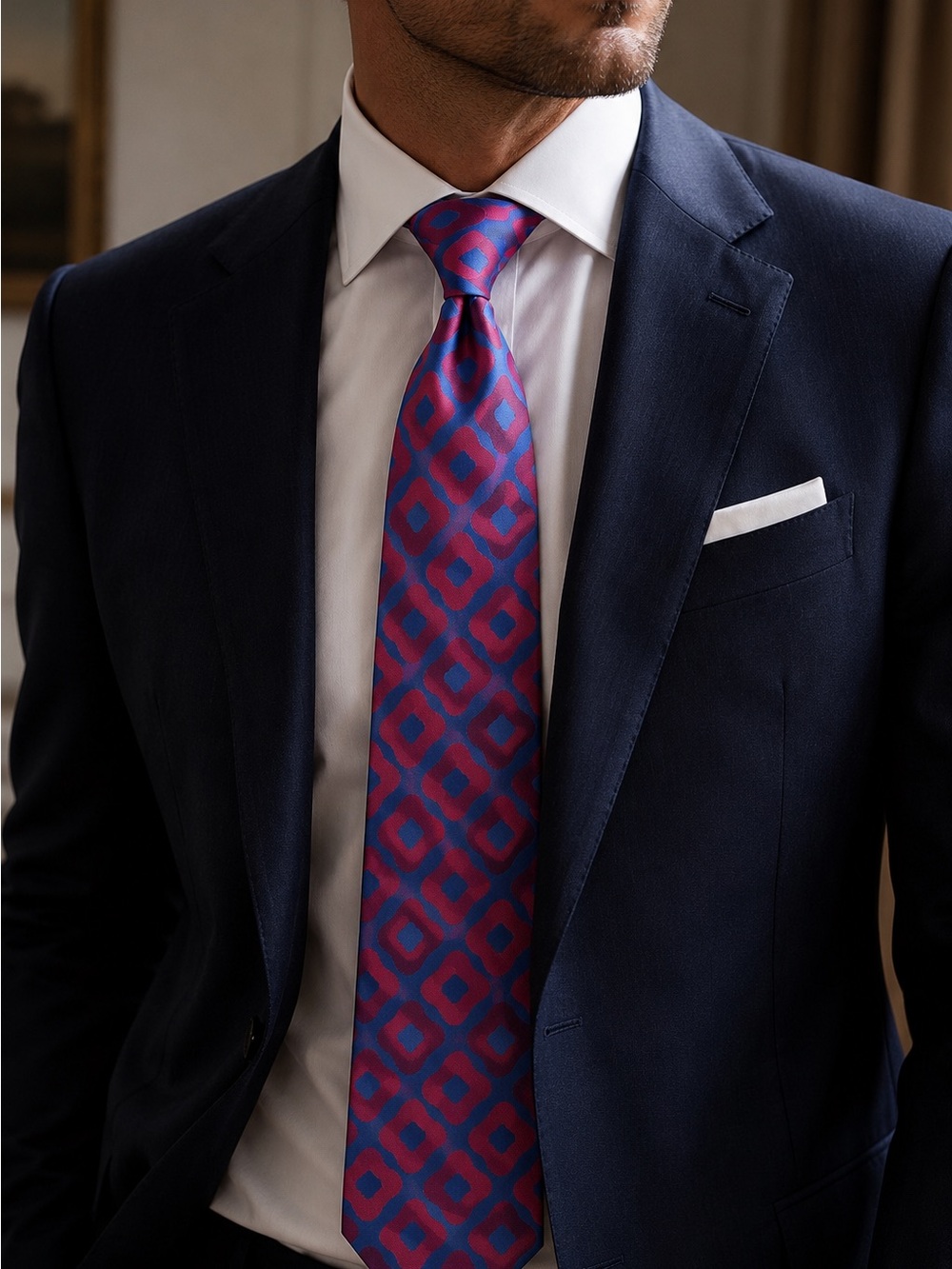 Vintage Christian Dior Silk Tie Blue Pink Geometric Designer Necktie Holt Renfre